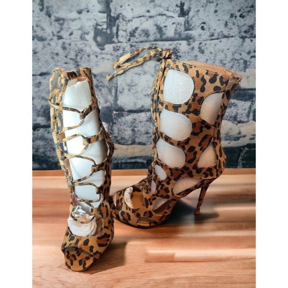 Breckelles Roma-51 Leopard Faux Suede Lace Up Stiletto Sandal Strappy Sandals - Picture 3 of 8
